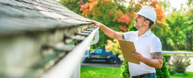 an inspector is looking at a roof and eaves